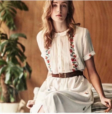 Lovely Floral Embroidered Dress Short Sleeve Single Breasted Vintage Style Dress - Cotton