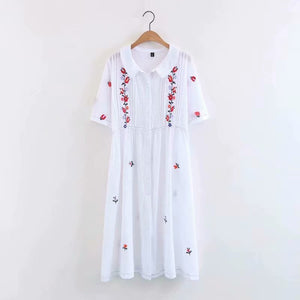 Lovely Floral Embroidered Dress Short Sleeve Single Breasted Vintage Style Dress - Cotton