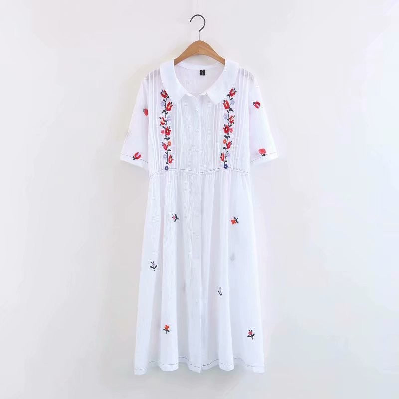 Lovely Floral Embroidered Dress Short Sleeve Single Breasted Vintage Style Dress - Cotton