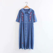 Load image into Gallery viewer, Lovely Floral Embroidered Dress Short Sleeve Single Breasted Vintage Style Dress - Cotton